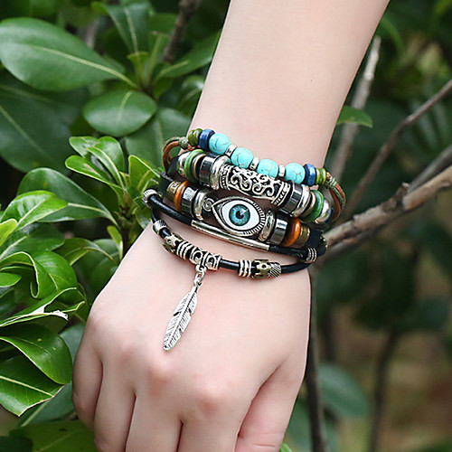 

Men's Bead Bracelet Wrap Bracelet Vintage Bracelet Layered Feather Evil Eye Classic Vintage Ethnic Fashion Cord Bracelet Jewelry Black For Daily School Street Holiday Festival / Earrings / Bracelet