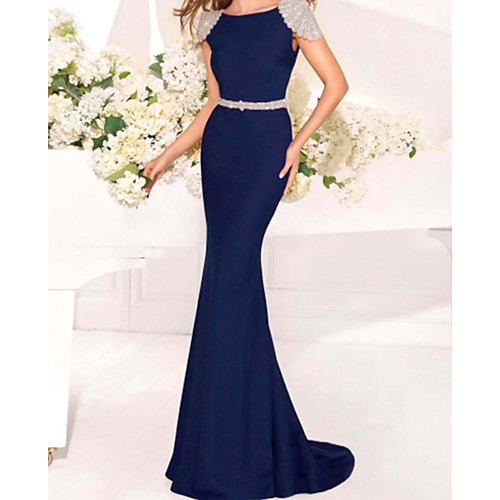 

Mermaid / Trumpet Open Back Formal Evening Dress Jewel Neck Short Sleeve Sweep / Brush Train Charmeuse with Crystals Beading 2021