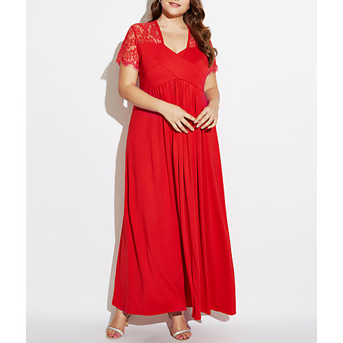 

Women's Swing Dress Maxi long Dress Black Red Navy Blue Short Sleeve Red Solid Colored Spring Deep V XXL 3XL 4XL 5XL 6XL / Cotton / Plus Size / Plus Size / Cotton