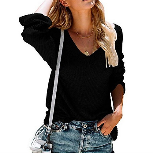 

Women's Solid Colored Long Sleeve Pullover Sweater Jumper, V Neck Black / Wine / White S / M / L