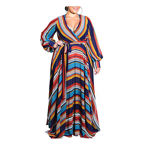 

Women's Shift Dress Maxi long Dress Blue Orange Navy Blue Long Sleeve Striped Deep V Boho L XL XXL 3XL 4XL 5XL 6XL / Plus Size / Plus Size