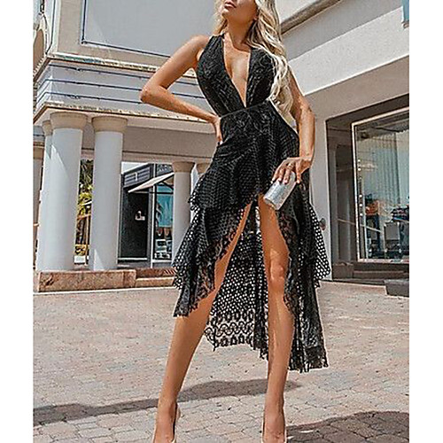 

Women's A Line Dress Short Mini Dress Black Sleeveless Solid Color Lace Deep V Hot Elegant Sexy Party S M L XL