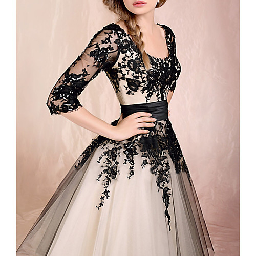 

A-Line Elegant Vintage Engagement Prom Dress Scoop Neck Half Sleeve Ankle Length Lace Tulle with Appliques 2021