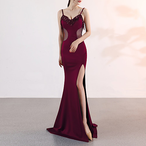 

Mermaid / Trumpet Elegant & Luxurious Elegant Formal Evening Dress Spaghetti Strap Sleeveless Sweep / Brush Train Satin with Beading Split Front 2021