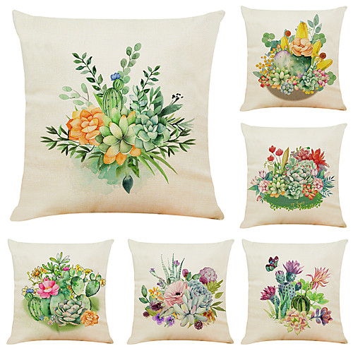 

Set of 6 Cactus Succulents Faux Linen Square Decorative Throw Pillow Cases Sofa Cushion Covers 18x18