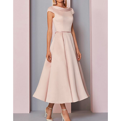 

A-Line Mother of the Bride Dress Plus Size Cowl Neck Ankle Length Satin Short Sleeve with Crystals 2021