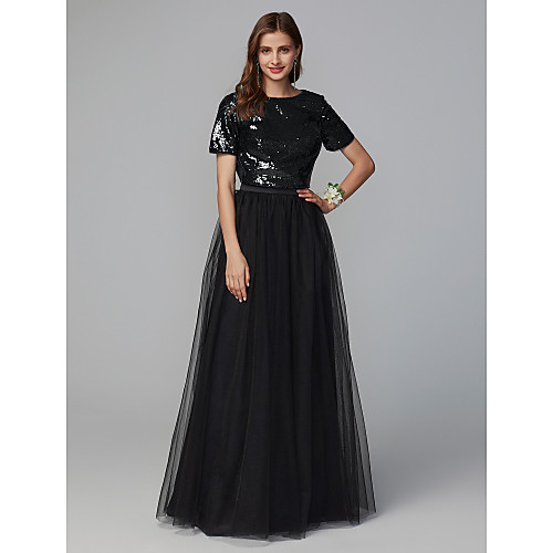

A-Line Jewel Neck Floor Length Tulle / Sequined Bridesmaid Dress with Sequin / Sparkle & Shine