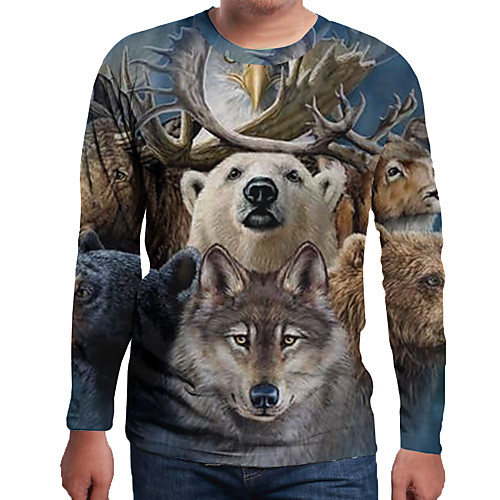 

Men's T shirt Color Block 3D Animal Print Long Sleeve Holiday Tops Brown