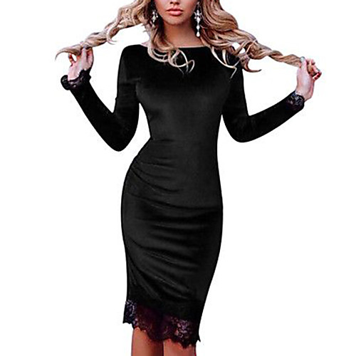 

Women's Bodycon Knee Length Dress Royal Blue Black Red Long Sleeve Solid Colored Sequins Lace Summer Round Neck S M L XL XXL