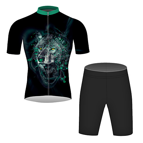 

21Grams 3D Animal Wolf Men's Short Sleeve Cycling Jersey with Shorts - Black / Green Bike Clothing Suit Breathable Quick Dry Moisture Wicking Sports 100% Polyester Mountain Bike MTB Clothing Apparel