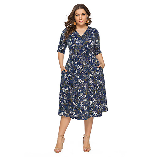 

Women's Plus Size A Line Dress - 3/4 Length Sleeve Floral Print V Neck Basic Wine Blue XL XXL XXXL XXXXL XXXXXL XXXXXXL