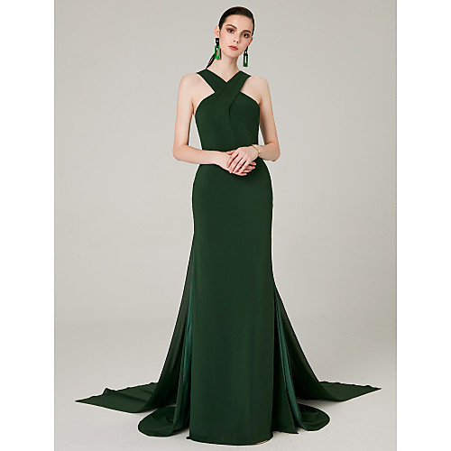 

Sheath / Column Elegant Engagement Formal Evening Dress Halter Neck Sleeveless Court Train Chiffon with Criss Cross Draping 2021