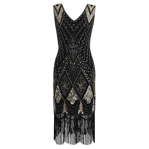 

Sheath / Column Elegant Vintage Inspired Holiday Cocktail Party Dress V Neck Sleeveless Tea Length Sequined Polyester with Beading Sequin Tassel 2021