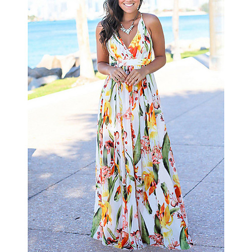 

Women's Strap Dress Maxi long Dress Blue Yellow Green White Red Light Blue Sleeveless Floral Print Summer Hot Boho Beach Floral S M L XL XXL