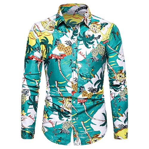 

Men's Shirt Graphic Geometric Floral Print Long Sleeve Casual Tops Cotton Vintage Streetwear Green