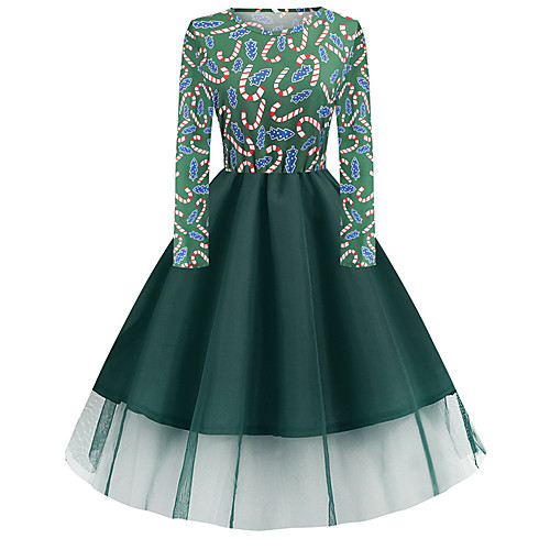 

Women's A Line Dress Knee Length Dress Blue Army Green Green Black Red Long Sleeve Print Lace Patchwork Print Fall Winter Round Neck Casual Christmas Halloween Slim 2021 S M L XL XXL 3XL 4XL 5XL