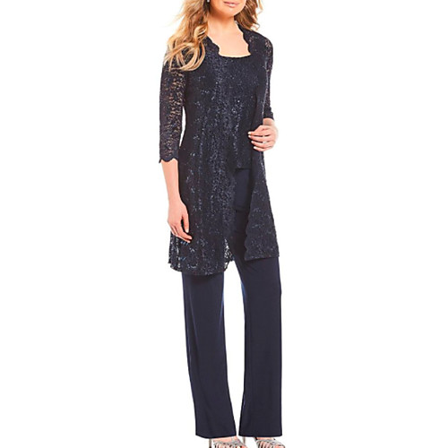 

Pantsuit / Jumpsuit Mother of the Bride Dress Plus Size Elegant Scoop Neck Floor Length Lace Sleeveless with Lace 2021