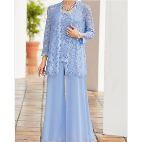 

Two Piece Pantsuit / Jumpsuit Mother of the Bride Dress Wrap Included Square Neck Ankle Length Chiffon Lace Long Sleeve with Ruching 2021