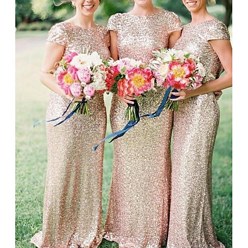 

Sheath / Column Bateau Neck Floor Length Sequined Bridesmaid Dress with Sequin / Sparkle & Shine
