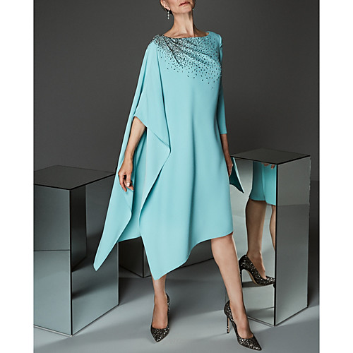 

Sheath / Column Mother of the Bride Dress Plus Size Elegant Bateau Neck Knee Length Stretch Satin Half Sleeve with Beading 2021