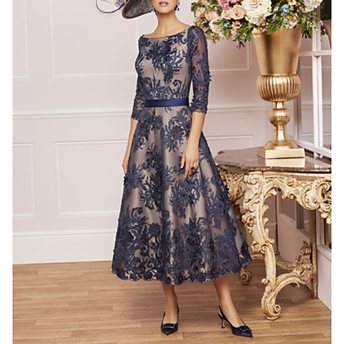 

A-Line Mother of the Bride Dress Plus Size Elegant Vintage Bateau Neck Tea Length Lace Half Sleeve with Lace Sash / Ribbon 2021