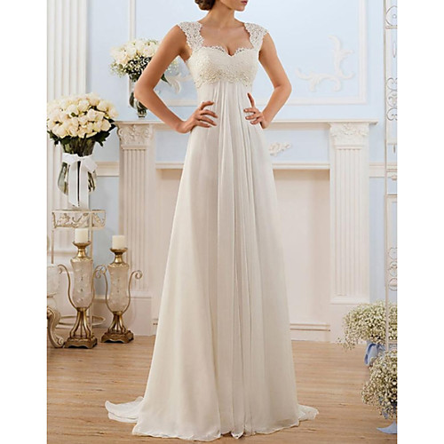 

A-Line Wedding Dresses Sweetheart Neckline Sweep / Brush Train Chiffon Lace Spaghetti Strap Simple Vintage Illusion Detail Backless with Lace Insert 2021