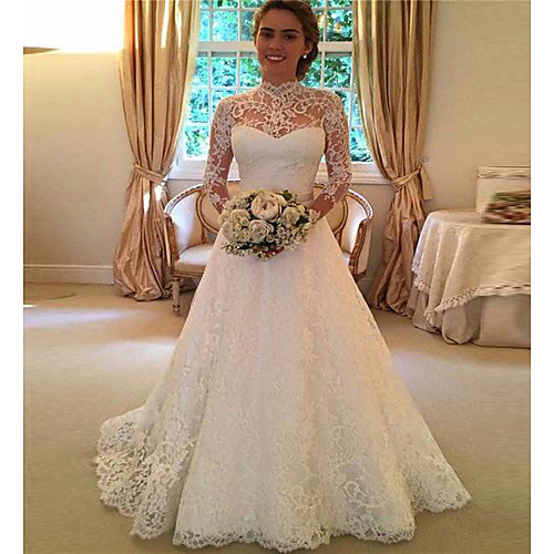 

A-Line Wedding Dresses High Neck Sweep / Brush Train Lace 3/4 Length Sleeve Lace Illusion Sleeve with 2021