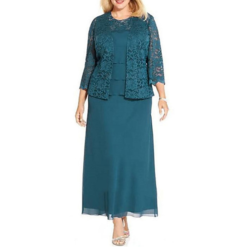 

Sheath / Column Mother of the Bride Dress Wrap Included Jewel Neck Ankle Length Chiffon Lace 3/4 Length Sleeve with Lace 2021