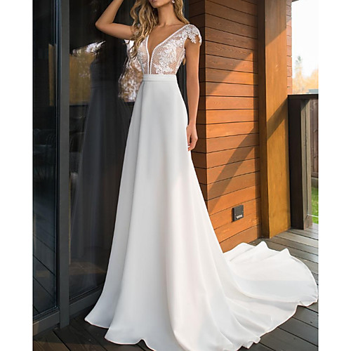 

A-Line Wedding Dresses V Neck Sweep / Brush Train Lace Charmeuse Cap Sleeve Mordern See-Through with Appliques 2021