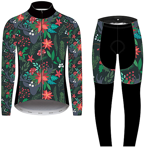 

21Grams Floral Botanical Men's Long Sleeve Cycling Jersey with Tights - RedBlue Bike Clothing Suit Windproof UV Resistant Breathable Sports Winter Fleece 100% Polyester Mountain Bike MTB Clothing