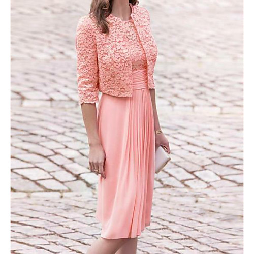 

Two Piece A-Line Mother of the Bride Dress Wrap Included Jewel Neck Knee Length Chiffon Lace Half Sleeve with Lace Ruching 2021