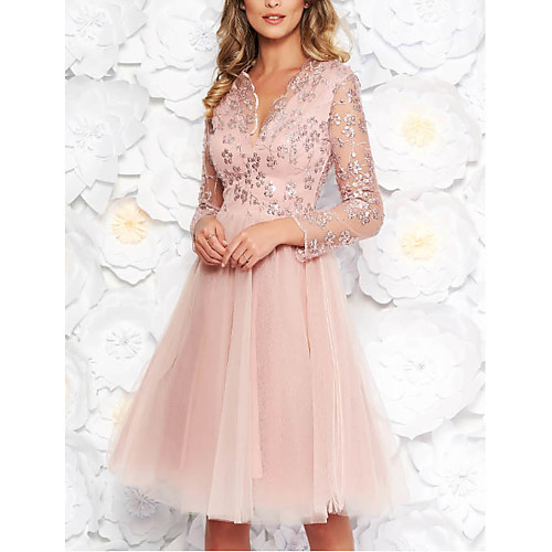 

Women's A Line Dress - 3/4 Length Sleeve Floral Print Deep V Elegant Blushing Pink M L XL XXL XXXL