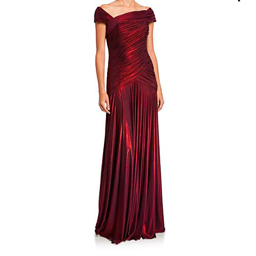 

Sheath / Column Elegant Wedding Guest Formal Evening Dress Off Shoulder Short Sleeve Floor Length Satin with Ruched 2021