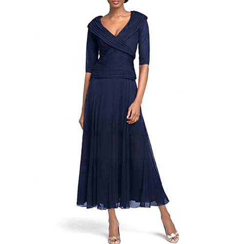 

A-Line Mother of the Bride Dress Plus Size Plunging Neck Ankle Length Chiffon Half Sleeve with Ruching 2021