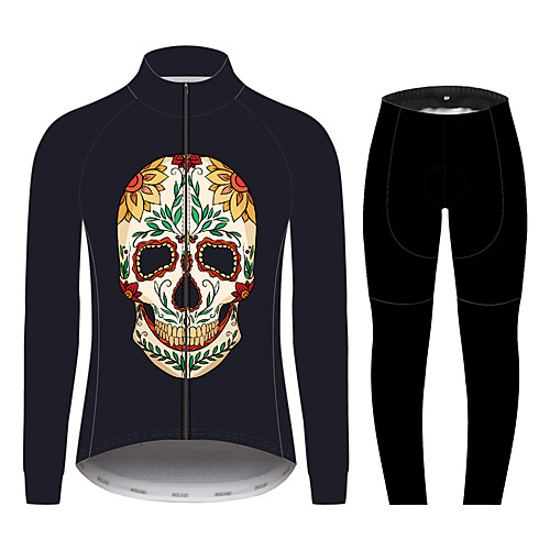 

21Grams Sugar Skull Women's Long Sleeve Cycling Jersey with Tights - Black / White Bike Clothing Suit Windproof UV Resistant Breathable Sports Winter Fleece 100% Polyester Mountain Bike MTB Clothing