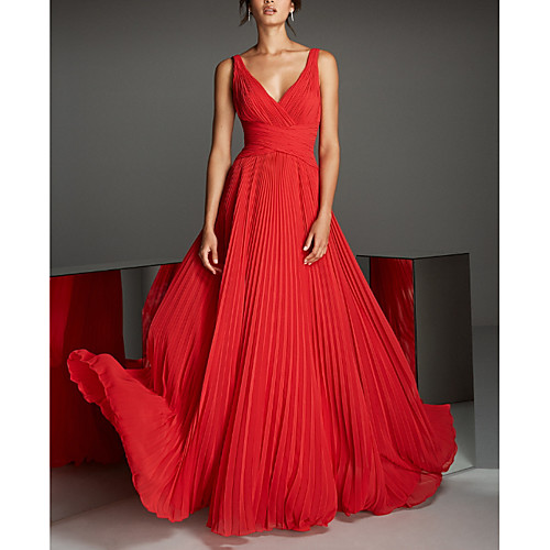 

A-Line Empire Engagement Formal Evening Dress V Neck Sleeveless Floor Length Chiffon with Pleats 2021