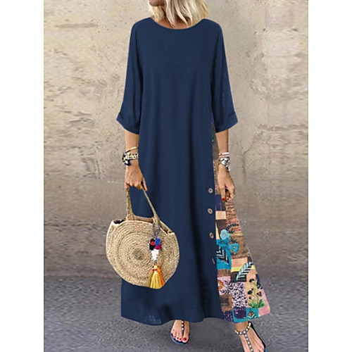 

Women's A-Line Dress Cotton Maxi long Dress - 3/4 Length Sleeve Floral Patchwork Spring & Summer Plus Size Abaya Holiday Vacation Cotton Red Green Navy Blue L XL XXL XXXL XXXXL XXXXXL