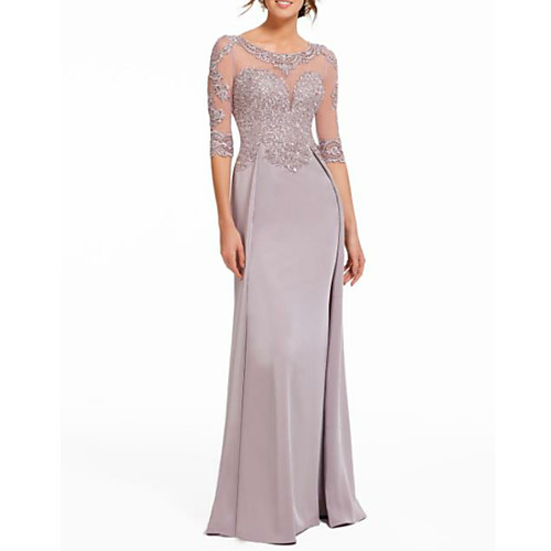 

Sheath / Column Mother of the Bride Dress Elegant & Luxurious Jewel Neck Sweep / Brush Train Chiffon Lace Half Sleeve with Lace Pleats Appliques 2021