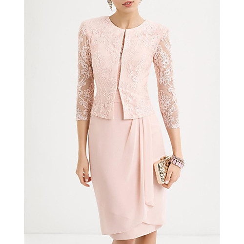 

Two Piece Sheath / Column Mother of the Bride Dress Elegant Jewel Neck Knee Length Chiffon Lace 3/4 Length Sleeve with Ruched 2021