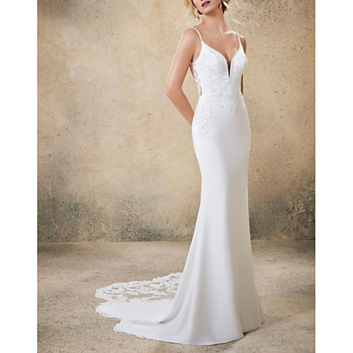 

Mermaid / Trumpet Wedding Dresses V Neck Court Train Satin Spaghetti Strap Boho Backless with Beading Lace Insert Appliques 2021