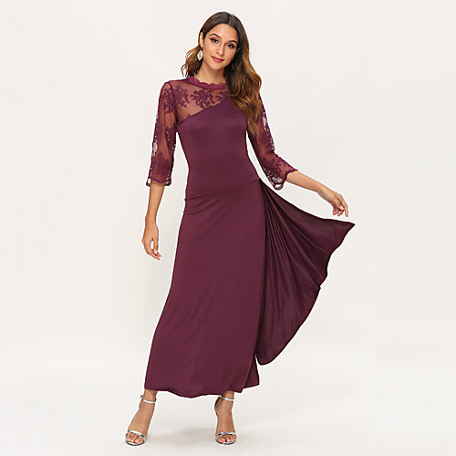 

Women's Maxi long Dress Purple Wine Black Navy Blue Half Sleeve Solid Colored Lace Spring Spring & Summer Round Neck Lace S M L XL XXL / Sexy