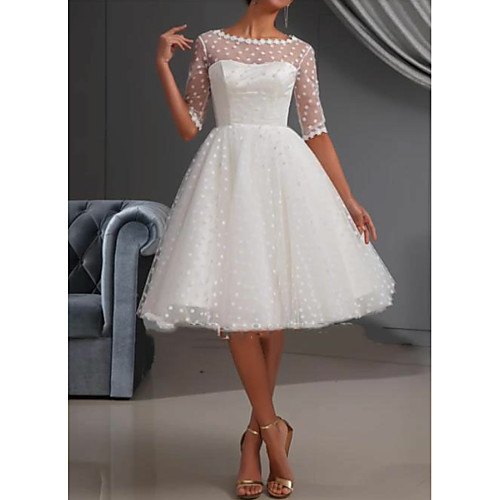 

A-Line Wedding Dresses Jewel Neck Knee Length Lace Tulle Short Sleeve Casual Vintage See-Through Cute Illusion Sleeve with Draping Lace Insert 2021