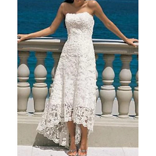 

A-Line Wedding Dresses Strapless Asymmetrical Lace Strapless Beach Illusion Detail with 2021