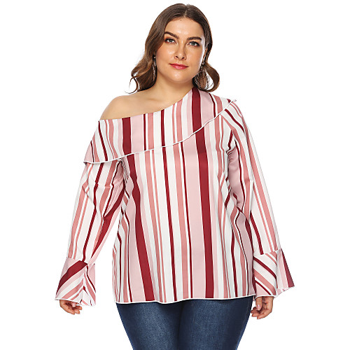 

Women's Plus Size Blouse Shirt Striped Long Sleeve One Shoulder Tops Red