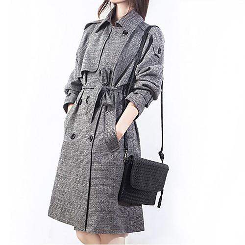 

Women's Work Sophisticated Fall & Winter Long Trench Coat, Solid Colored Turndown Long Sleeve Wool Drawstring Gray