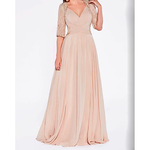 

A-Line Mother of the Bride Dress Plus Size Sexy Plunging Neck Sweep / Brush Train Chiffon Lace Half Sleeve with Lace Criss Cross Pleats 2021