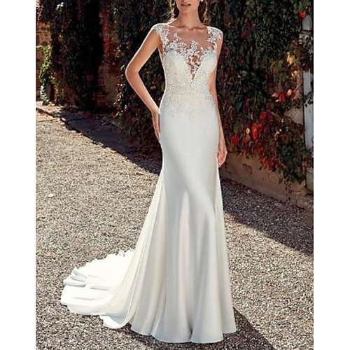 

Sheath / Column Wedding Dresses Jewel Neck Sweep / Brush Train Lace Satin Cap Sleeve Mordern Sparkle & Shine with Appliques 2021