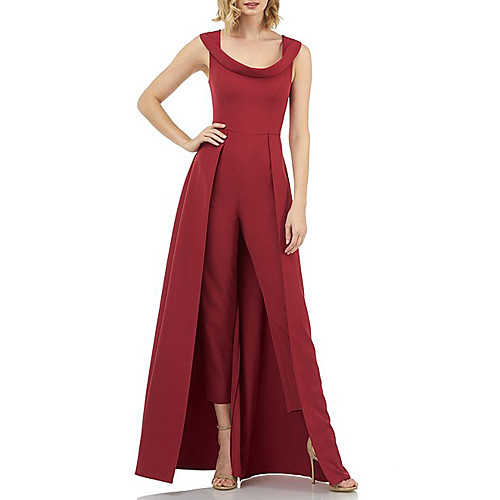 

Pantsuit / Jumpsuit Mother of the Bride Dress Plus Size Elegant Vintage Scoop Neck Floor Length Satin Sleeveless with Pleats 2021