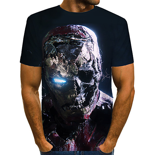 

Men's T shirt Color Block 3D Skull Print Short Sleeve Halloween Tops Streetwear Exaggerated Navy Blue