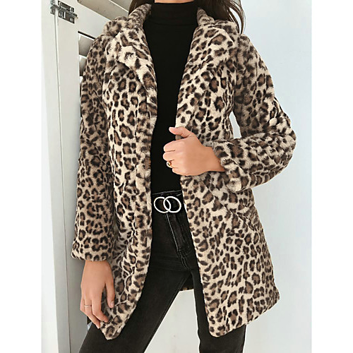 

Women's Teddy Coat Daily Fall & Winter Long Coat Regular Fit Sexy Jacket Long Sleeve Leopard Print Classic Gray Khaki / Going out